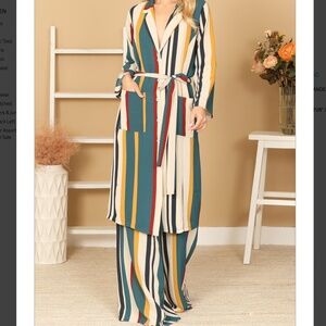 NWT Women's 2pc Stripe Collared Button Down Tie Waist Wide Leg Matching Suit